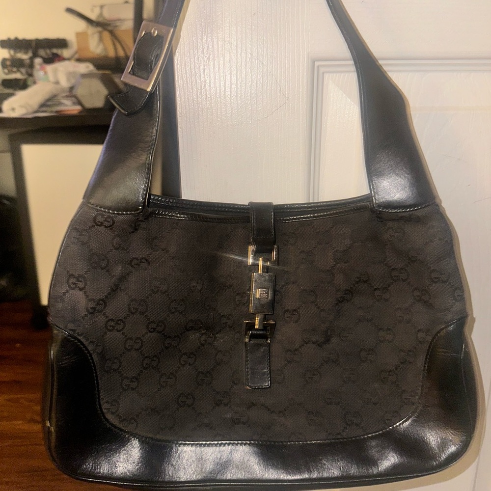 Gucci Black Leather and Canvas Shoulder Bag. Jackie O bag